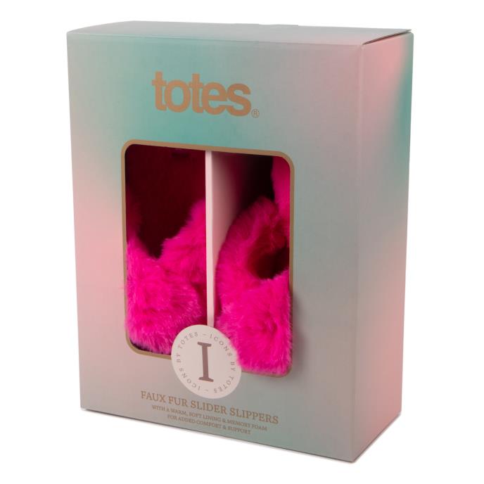 totes Ladies Icons Plush Faux Fur Cross Over Sliders Bright Pink Extra Image 1